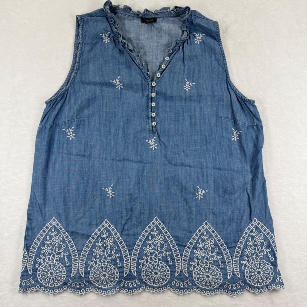 Talbots Womens Large Blue Tencel Embroidered Sleeveless Henley Blouse